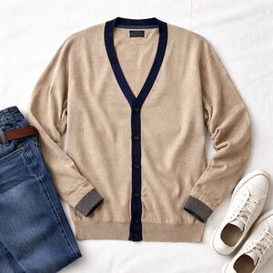 Attitude Men’s Pima Cotton Cardigan Beige Navy Trim Button Front Classic Preppy